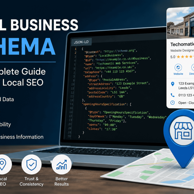 A laptop displaying Local Business Schema JSON-LD code alongside a business profile and map location pin, illustrating how structured data helps search engines better understand local businesses and supports Local SEO.